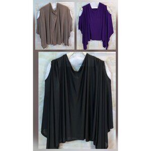 3 Cold Shoulder Loose Fit Draped Poncho Style Blouses Black Purple & Taupe XL